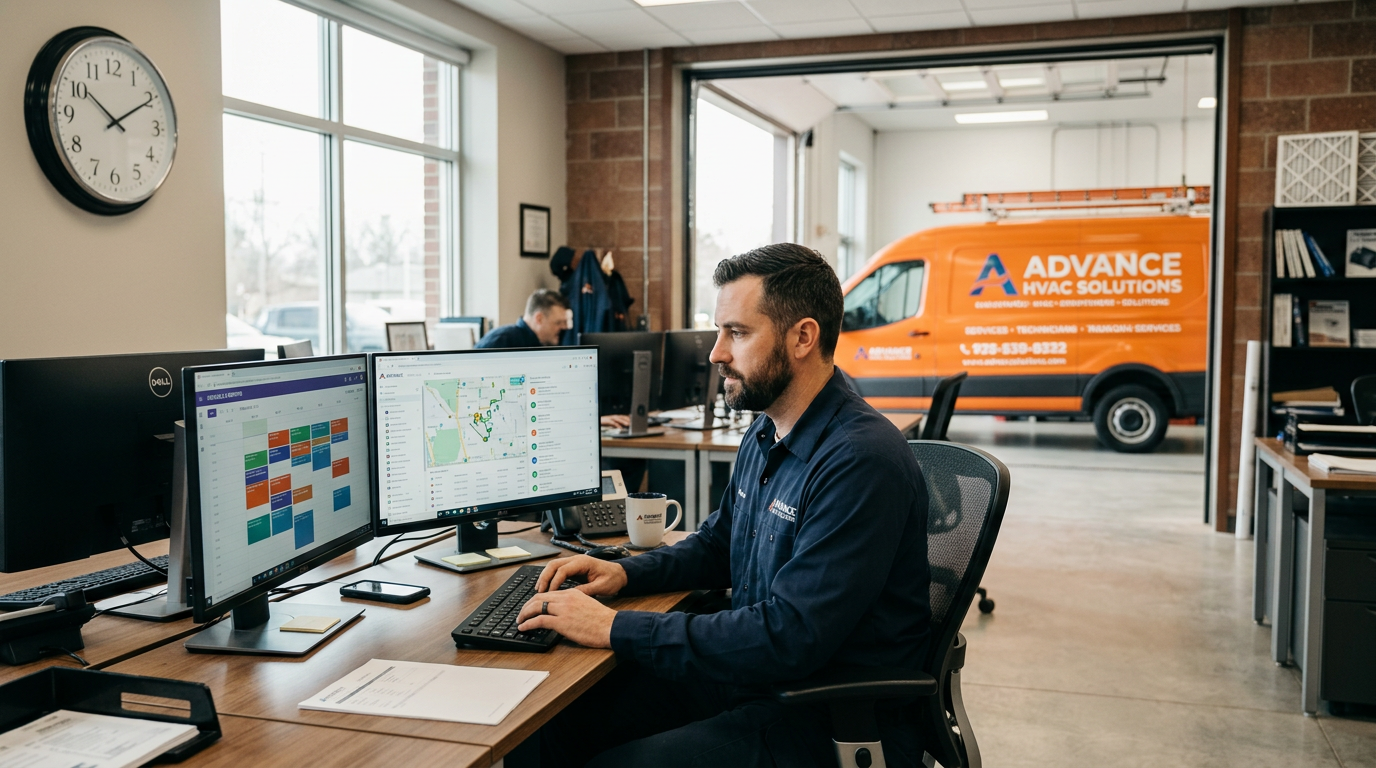 HVAC service business office with a technician managing dispatch and scheduling software while a branded service van sits in the garage bay